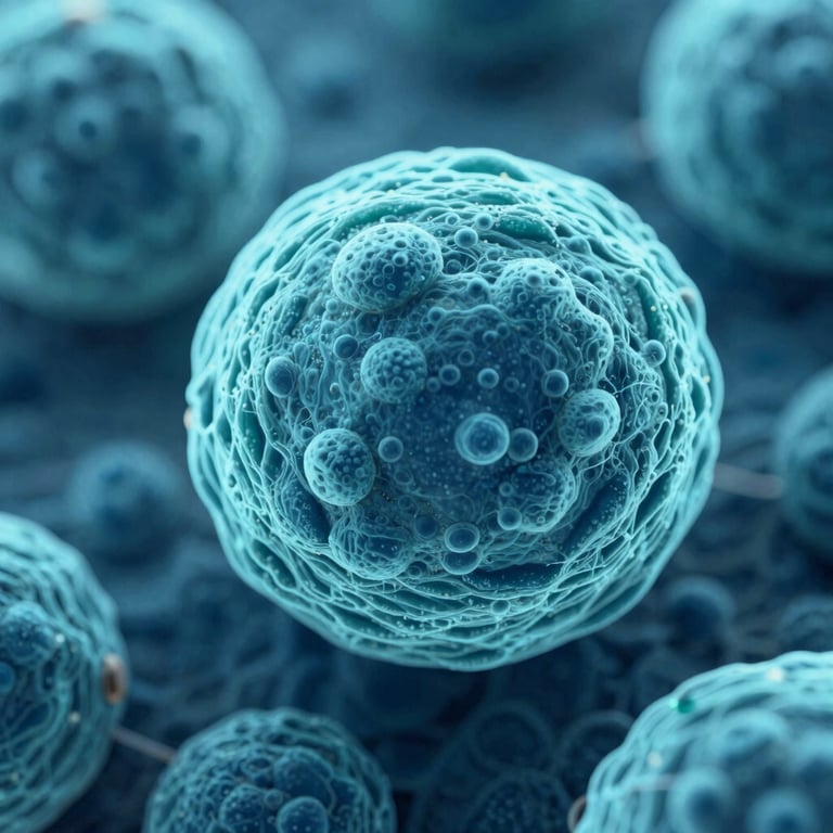 A microscopic view of human cell structures rendered in high-definition Teal and Navy Blue tones.