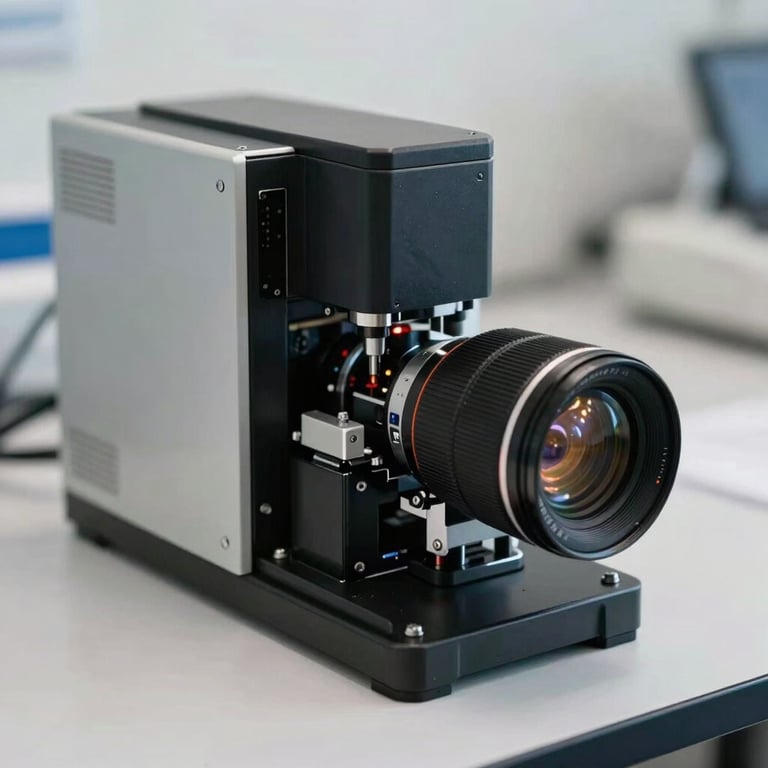 Macro photography of high-tech genomic sequencing hardware on an Off-White sterile countertop.