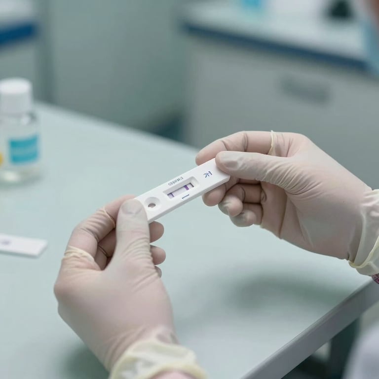 Hands in surgical gloves holding a diagnostic test kit over a clean, slate-colored workstation in a sterile environment.