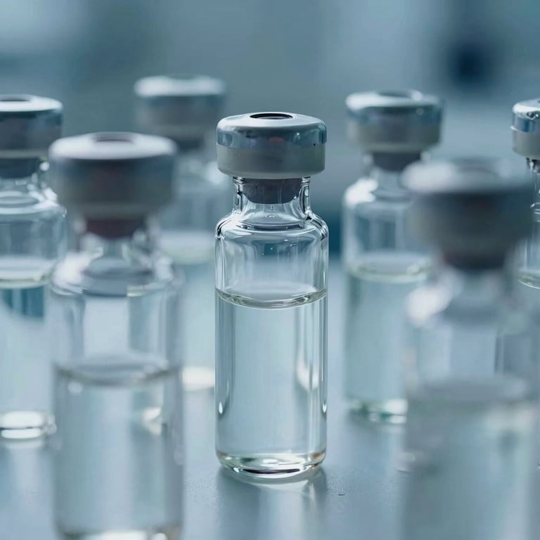Close-up of glass vials containing research compounds, illuminated by soft Light Blue laboratory lighting.