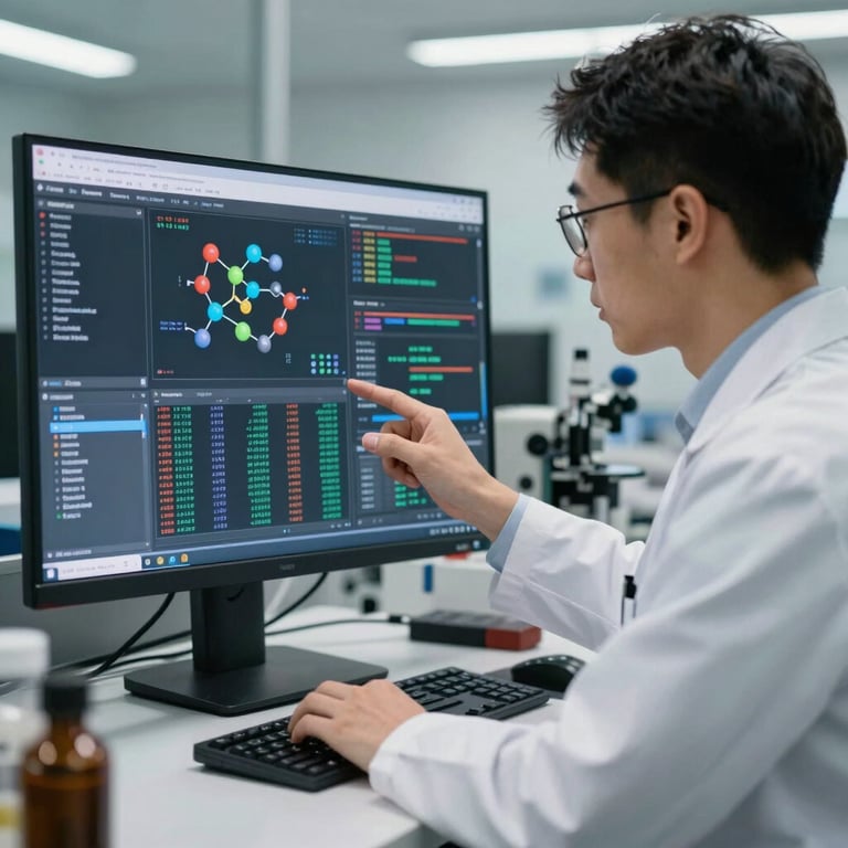 A professional researcher reviewing complex molecular data on a high-resolution display in a modern facility.