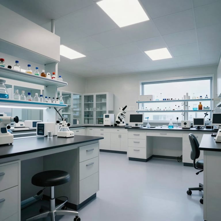 A scientist in a white coat using a precision pipette in a clean North American / US laboratory, Teal and Light Blue lighting.