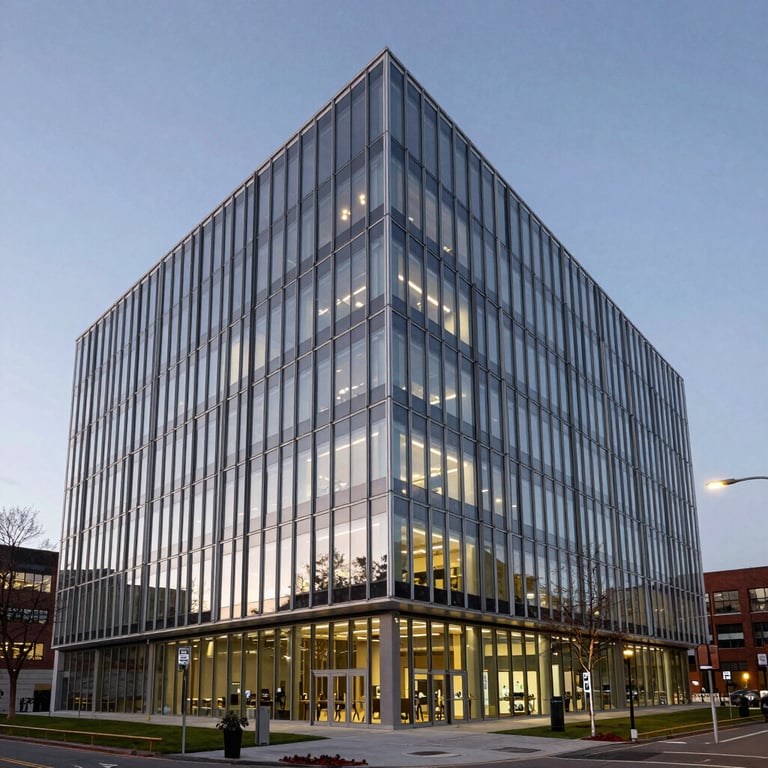 The exterior of a modern, glass-walled biotechnology research headquarters in Cambridge, Massachusetts, at dusk.