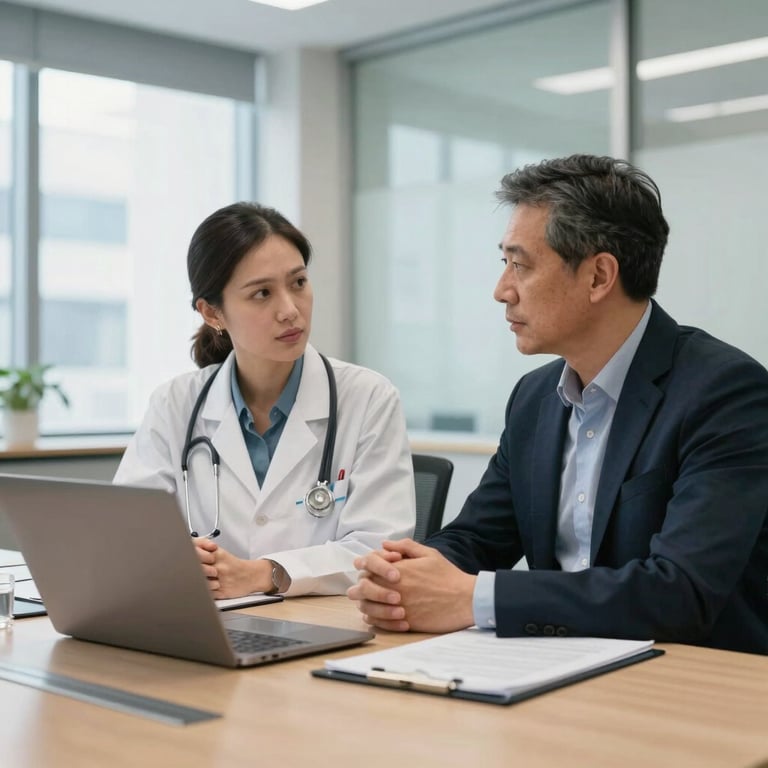 Two life sciences experts discussing innovative healthcare solutions in a bright, modern North American / US meeting room.
