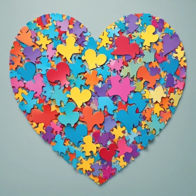A colorful heart shape made of various jigsaw puzzle pieces symbolizing autism awareness and unity.