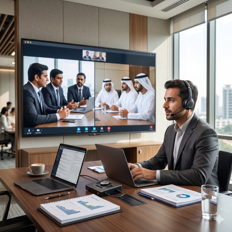 Business professional in a headset conducting a global video conference with Middle Eastern partners in a modern office.