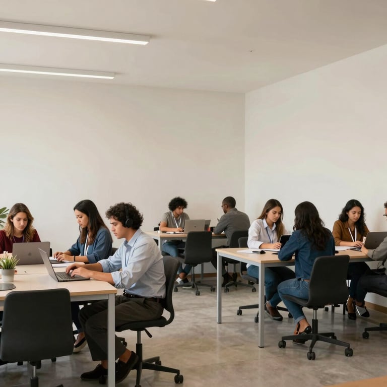 A wide shot of a collaborative South American / Brazilian co-working space with clean lines, off-white walls, and professional professionals working.