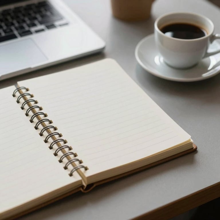 A notebook and a cup of coffee on a desk in a South American / Brazilian workspace, with soft morning light and an authentic feel.