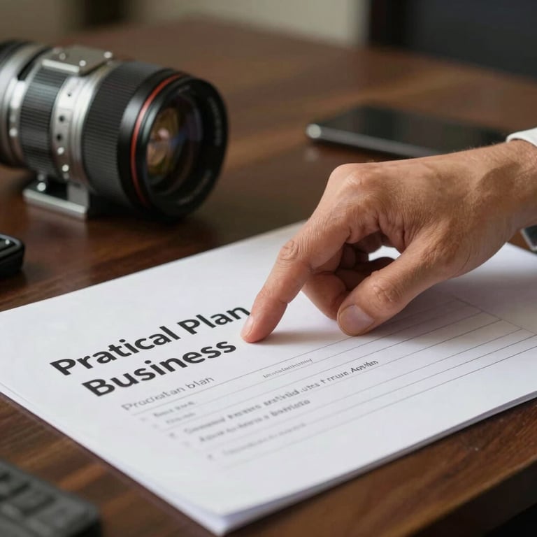 Detail of a professional pointing to a practical business plan on a table, emphasizing applied knowledge in a South American / Brazilian setting.