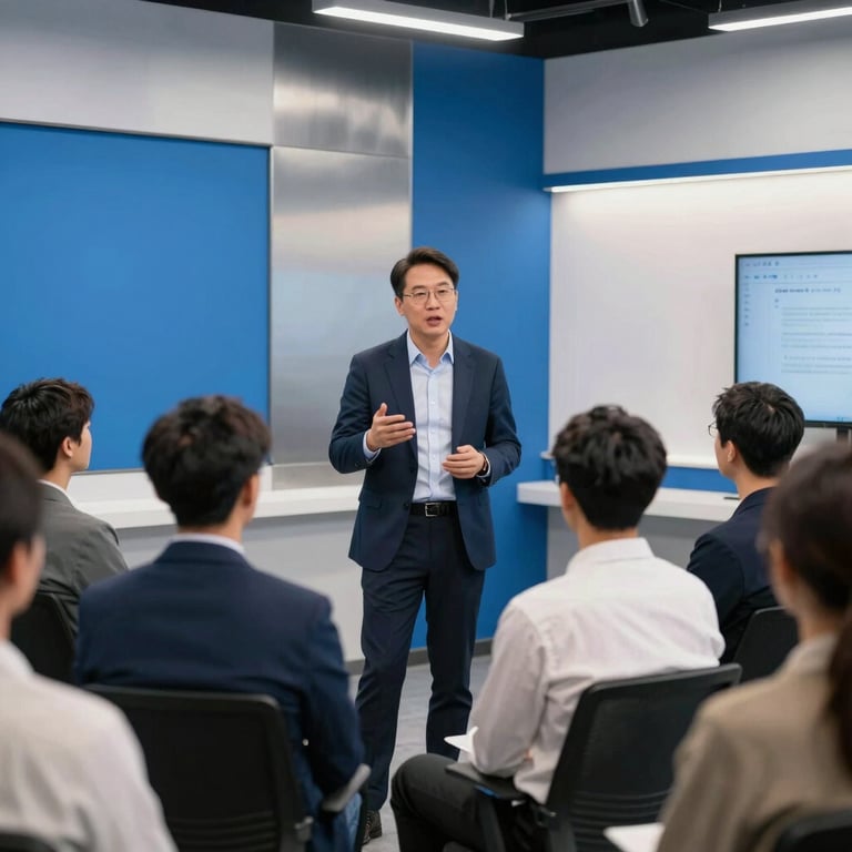 A business mentor speaking passionately to a small, attentive audience in a clean, modern studio space with steel blue decor.