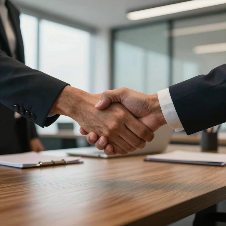 Close-up of two people shaking hands over a wooden desk in a modern South American / Brazilian office, symbolizing a bridge of trust.