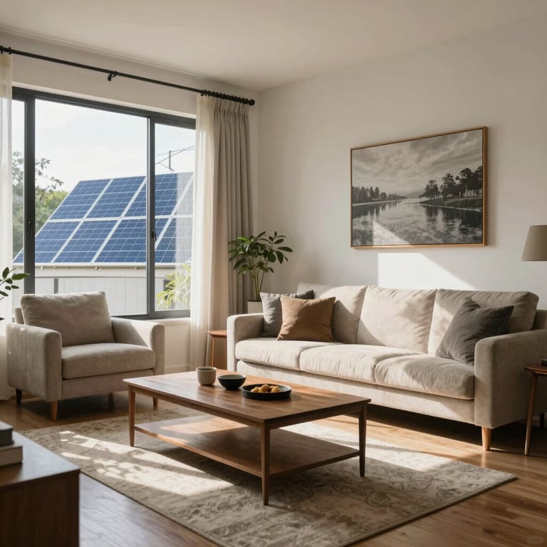 A sunlit, modern living room in a Global Hispanic home, symbolizing comfort through clean energy.