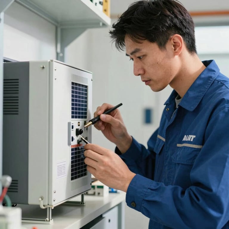 A certified technician in a professional uniform inspecting a solar inverter with precision, bright daylight setting.