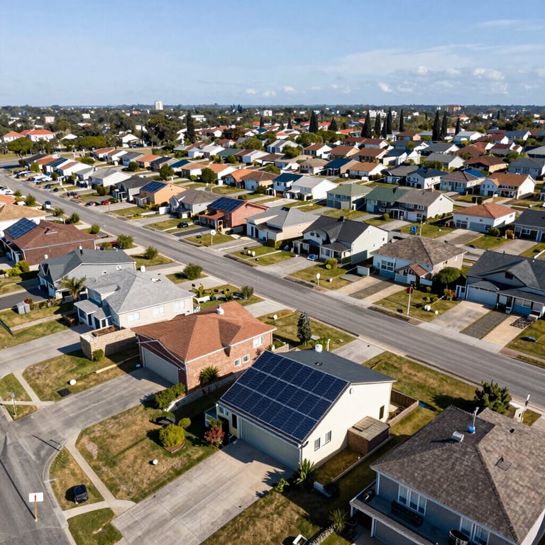 Aerial view of a suburban neighborhood with various homes featuring solar installations under a bright sky.