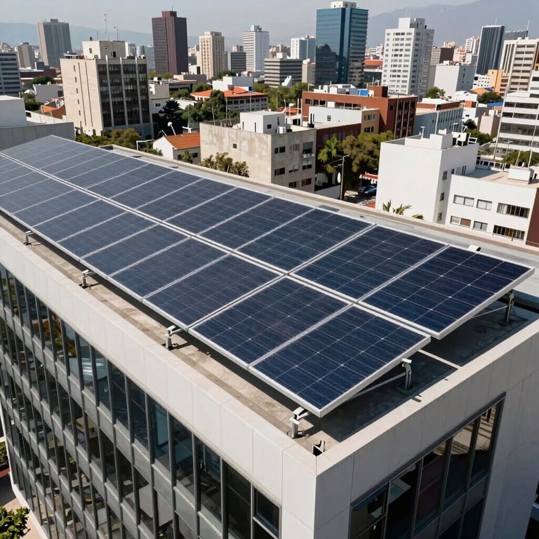 Modern solar panel array installed on a professional office building in a sun-drenched Global Hispanic city.
