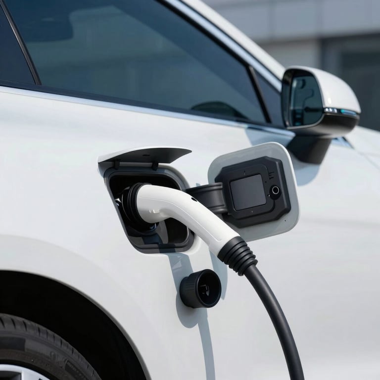 Close-up of a white electric vehicle charging at a sleek station, reflecting modern blue tones.