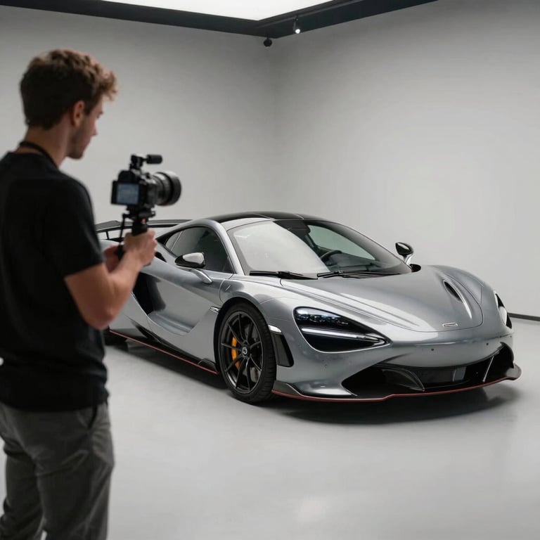 A male automotive influencer filming a review of a high-performance sports car in a minimalist garage, International / Global.