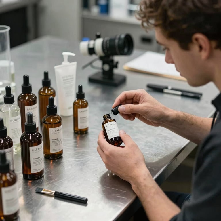 A male creator showcasing detailing product bottles on a metallic silver workbench, high-end commercial style, International / Global.
