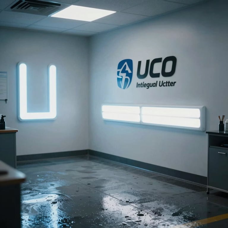 Cinematic view of a car detailing studio with a wet floor and neon electric blue light accents, International / Global.
