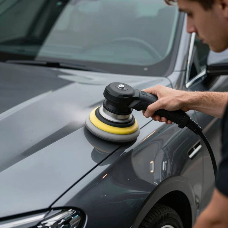 Professional male detailer using a dual action polisher on a charcoal grey vehicle with metallic reflections, International / Global.