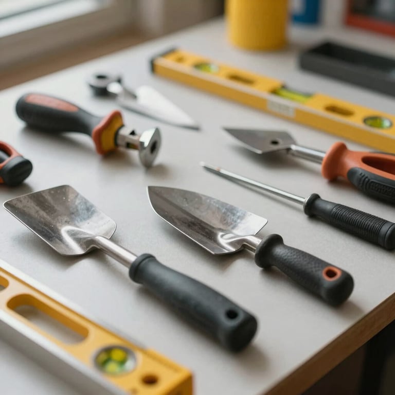 Assorted high-quality masonry tools like trowels and levels arranged on a clean workbench, soft daylight.