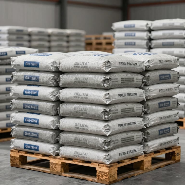 A pallet of premium cement bags in a warehouse setting, organized and ready for delivery, professional mood.