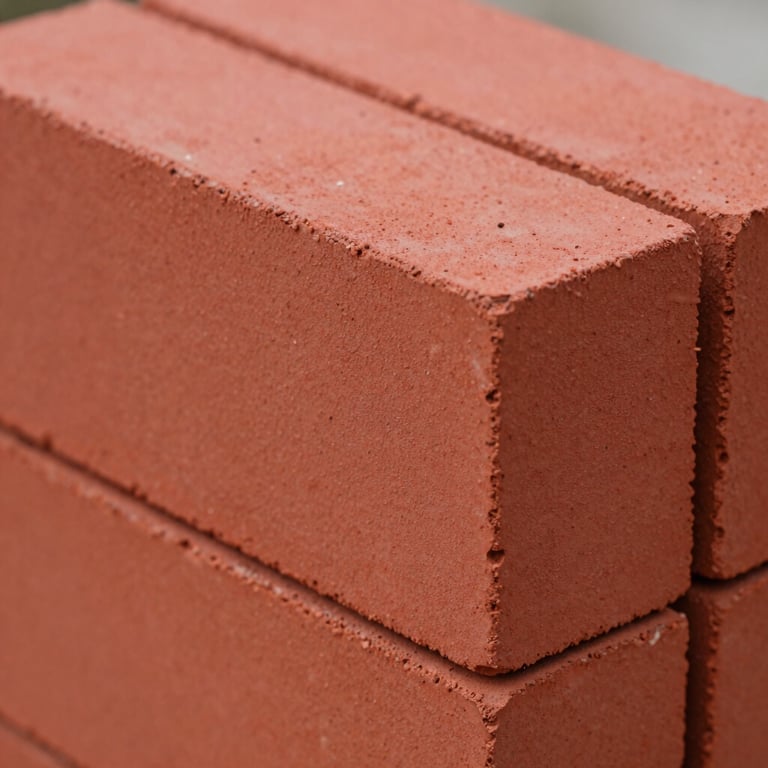 A close-up of high-quality red ceramic bricks stacked neatly, showing texture and durability, clean lighting.