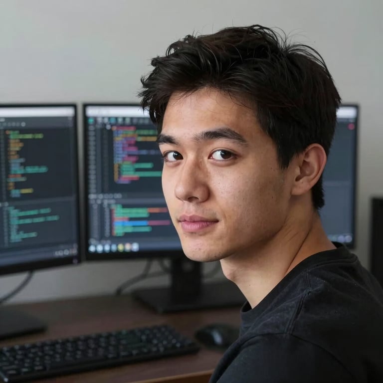 Close-up portrait of a young male software engineer at a dark desk, dual monitors showing code behind him, even studio lighting, sharp focus on face, technical environment
