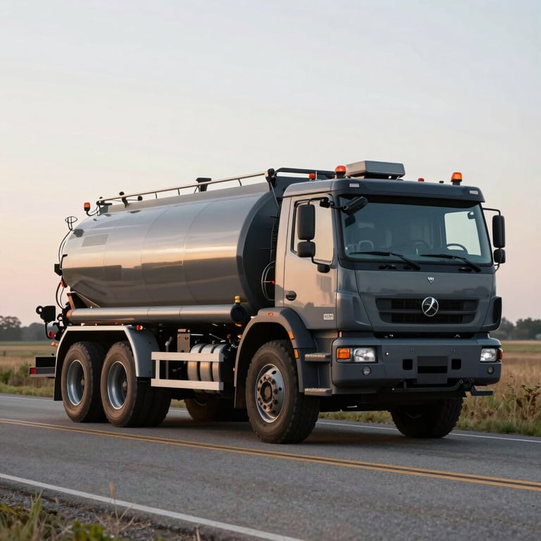 A large, well-maintained septic pumper truck with dark slate gray accents driving on a rural North American road.