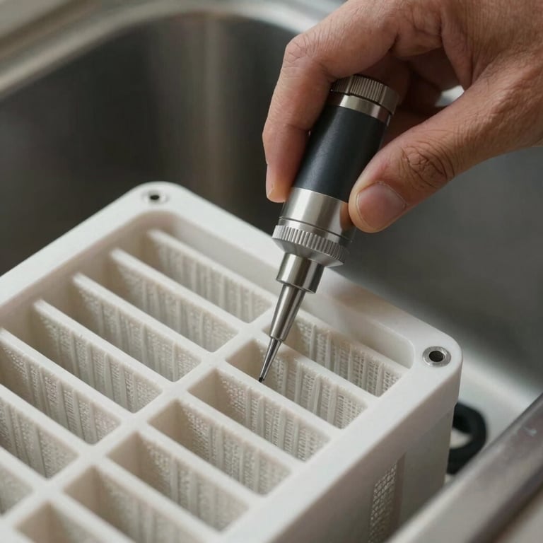 A close-up of a new septic filter being expertly replaced, highlighting precision and cleanliness in maintenance.