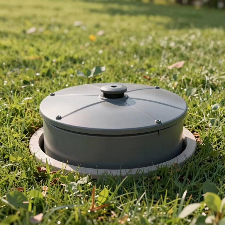 A clean, modern septic tank lid being properly installed in a well-manicured North American lawn during a sunny afternoon.