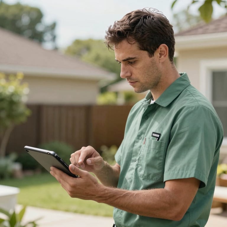 A professional technician in a sage green uniform reviewing a digital report on a tablet in a bright, suburban backyard.