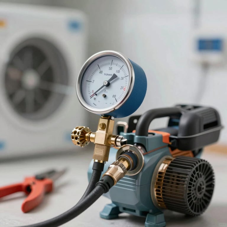 Close-up of professional HVAC tools including a manifold gauge and vacuum pump in high-quality lighting.