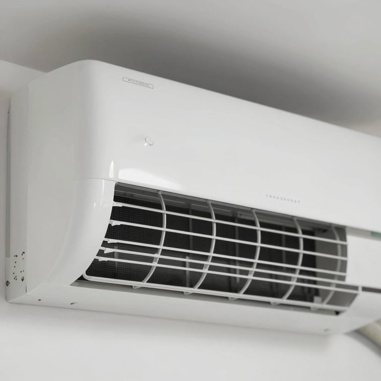 Detailed close-up of a clean, freshly serviced split AC indoor unit showing pristine cooling coils.