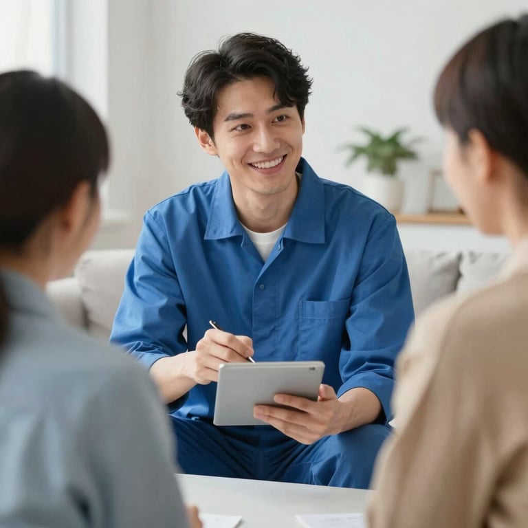 A friendly technician explaining service details to a customer in a bright, modern living room.