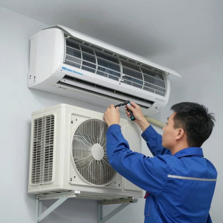 An ICE Cooling Solutions technician installing a new AC unit with precision on a light grey wall.