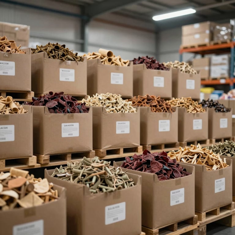 Neatly organized dry goods cargo boxes inside a clean, modern warehouse, professional lighting.