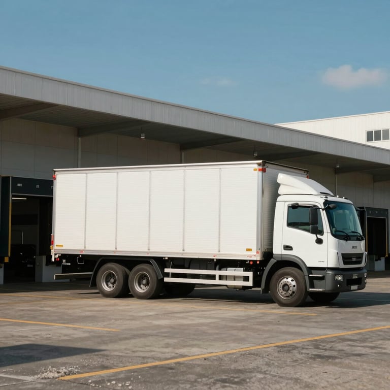 A wide shot of a delivery truck at a modern loading dock during a clear day in a Brazilian city.