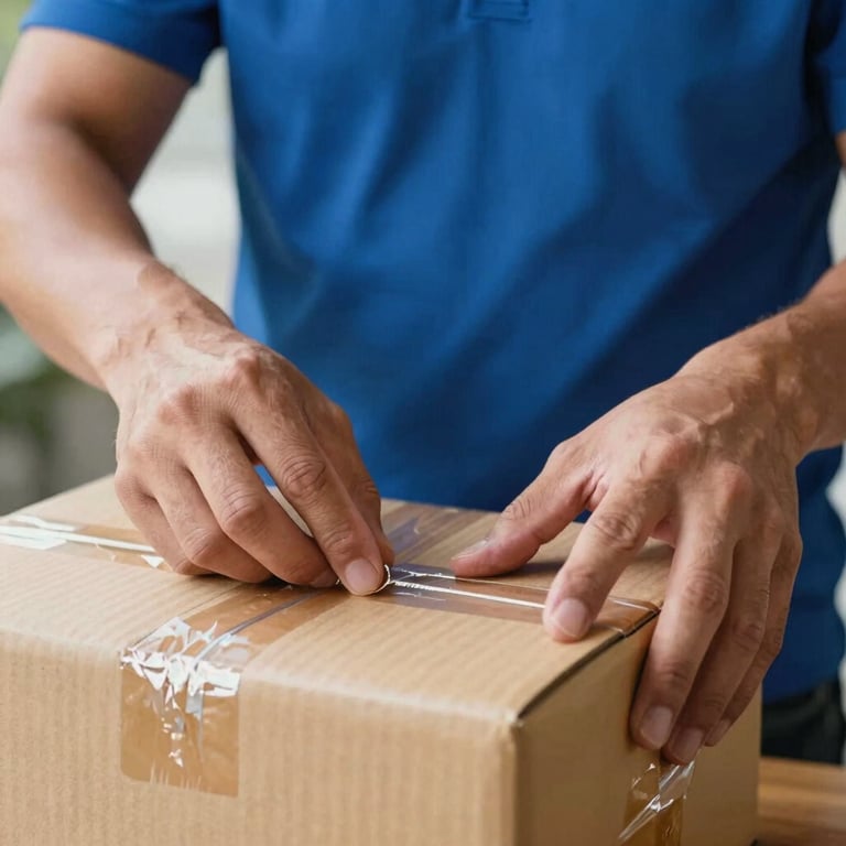 Close-up of a delivery professional's hands carefully securing a package for local transport.