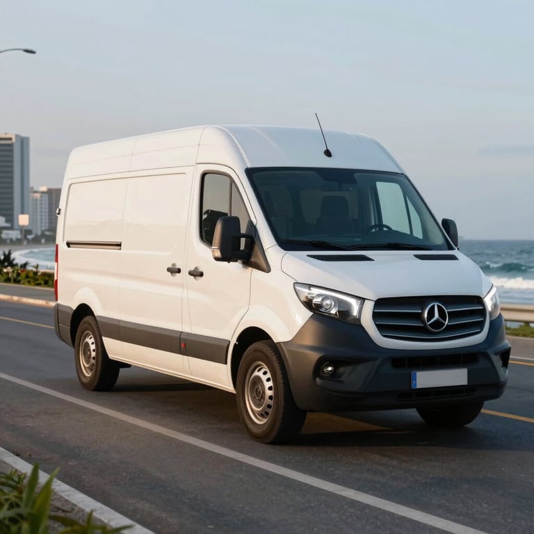A sleek white delivery van on a coastal urban road in Brazil, morning light, navy blue accents.