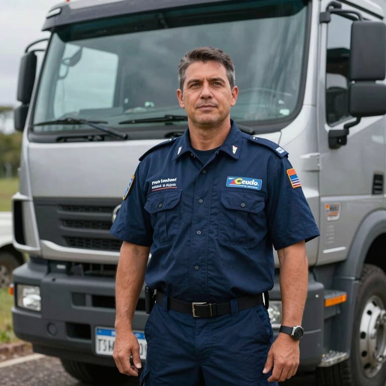 A South American driver in a professional navy blue uniform standing proudly by a modern truck.