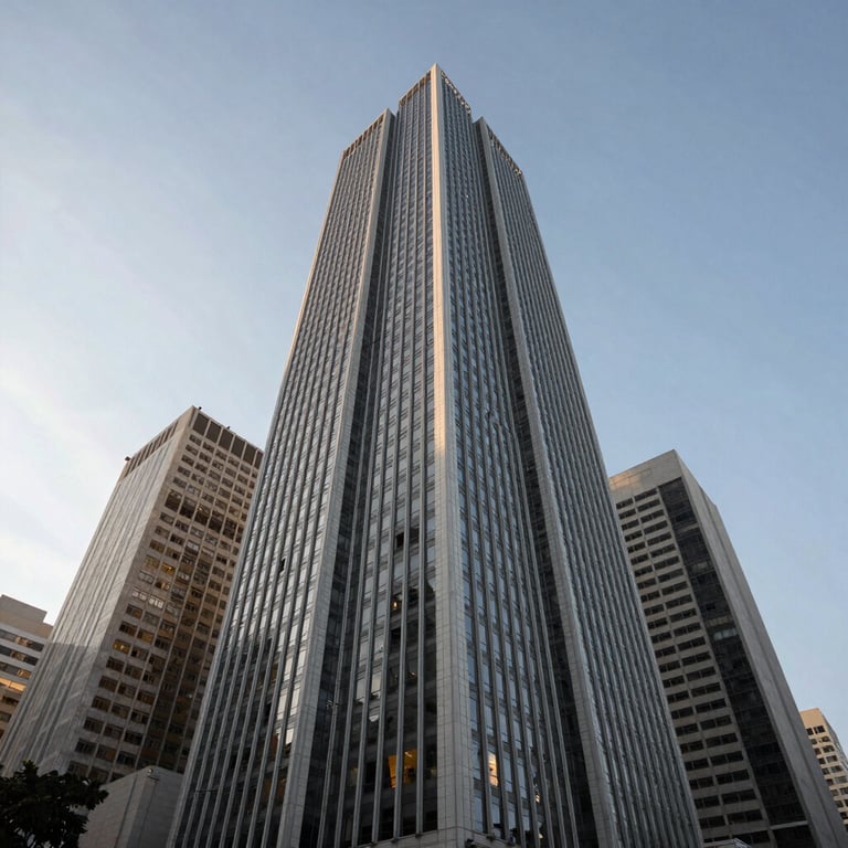 Wide angle shot of a modern, clean skyscraper architecture in a Brazilian business district against a clear sky, professional mood.