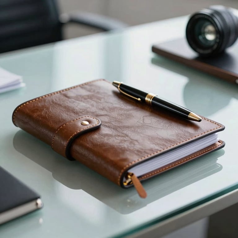 Close-up of a high-end leather planner and luxury pen on a glass desk in a Brazilian corporate office, soft blue accents, morning light.