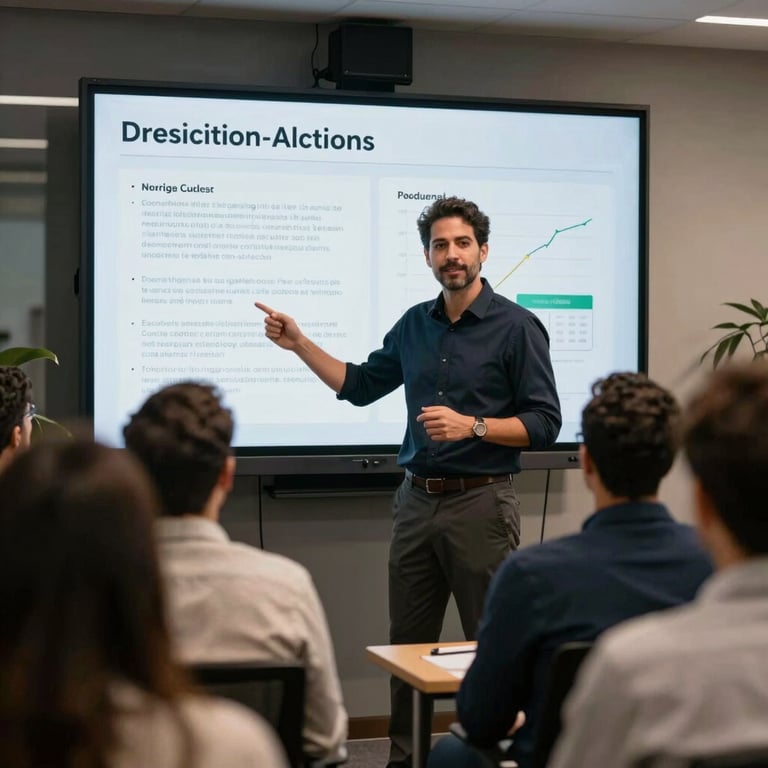 A confident professional presenting a project on a digital screen to a focused audience in a Brazilian tech hub environment.