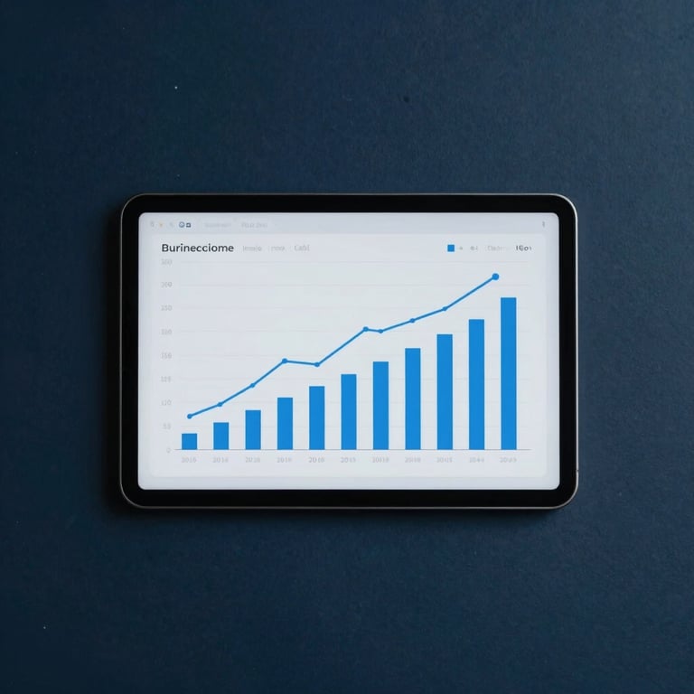Overhead view of a minimalist workspace with a tablet showing business growth charts, clean composition, dark blue and soft blue palette.