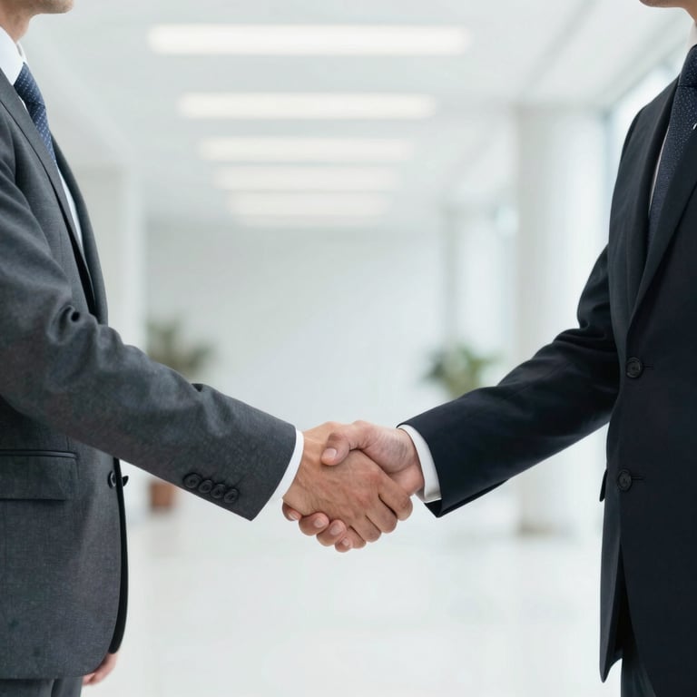 Two professionals in formal business attire shaking hands in a brightly lit foyer, symbolizing a successful partnership, ice white tones.