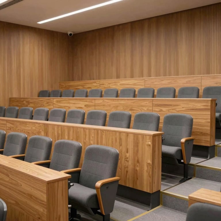 An interior shot of a sophisticated lecture hall with ergonomic seating and modern wood paneling, clean and intuitive design.