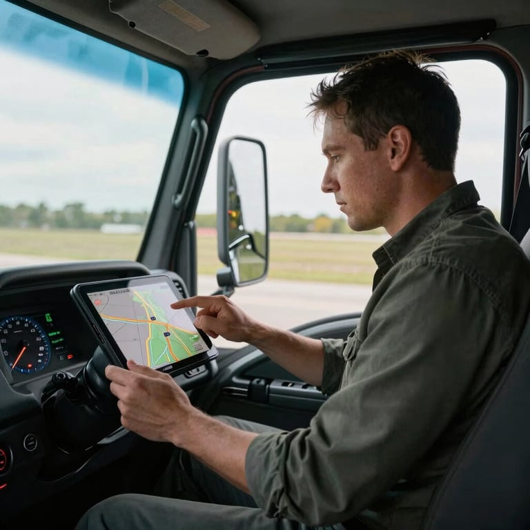 A professional driver in the cab of a modern truck looking at a route on a tablet, North American setting.
