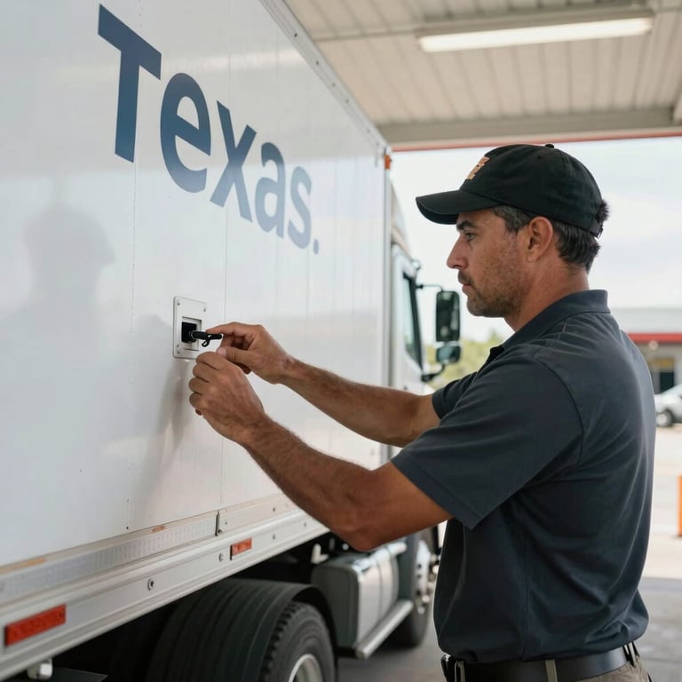 Close-up of a professional truck driver inspecting a dry van trailer at a clean truck stop in Texas.