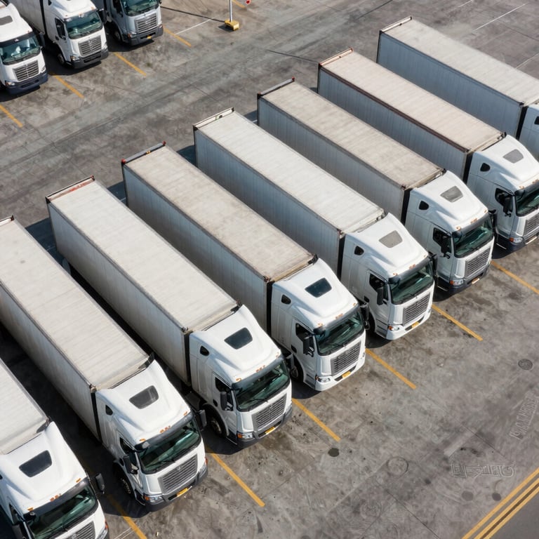 Aerial view of several semi-trucks parked neatly in a modern logistics terminal in the USA.